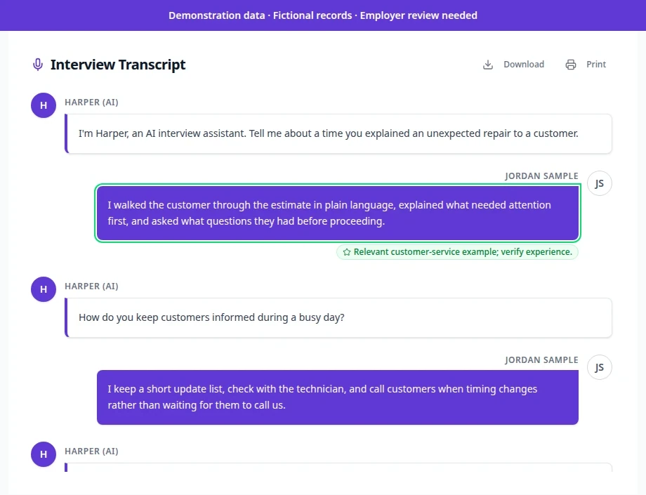 Excerpt of an interview transcript in the employer view