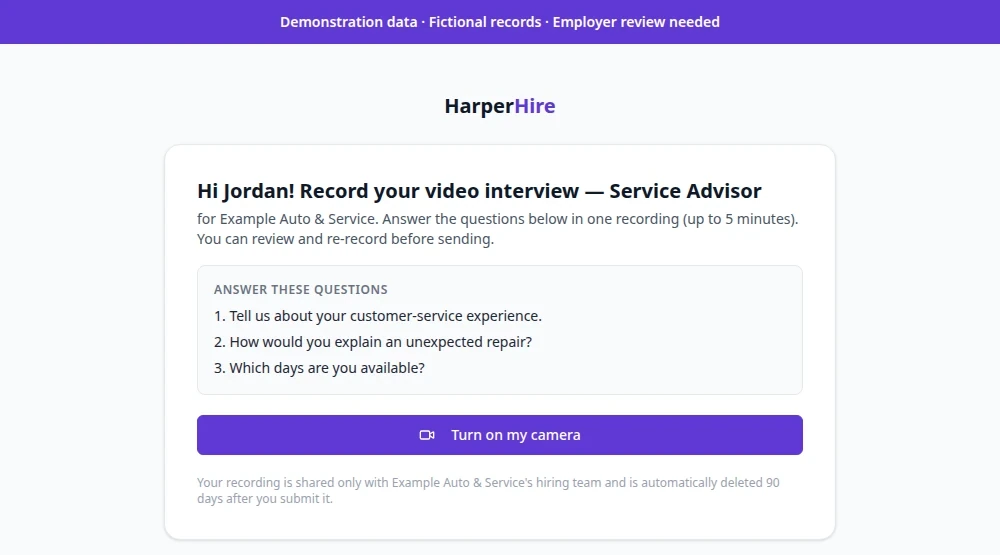 Recorded video answer screen for an applicant