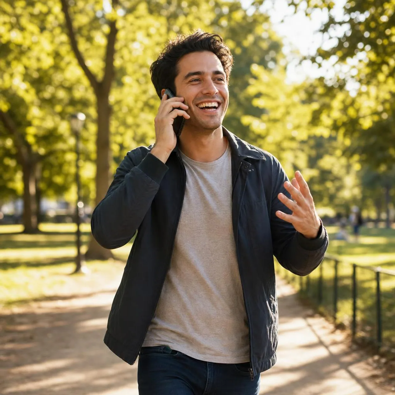 An applicant smiling during a phone interview